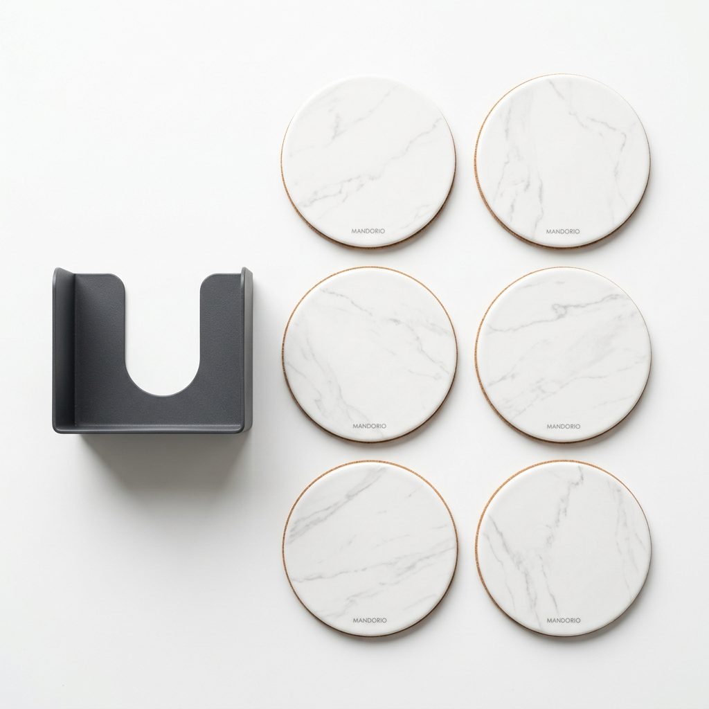Mandorio Marble - Style Coaster Set, 6 Pieces With Charcoal Holder - Home Decor & Table Accessories > Drinkware Accessories > Coasters - Mandorio