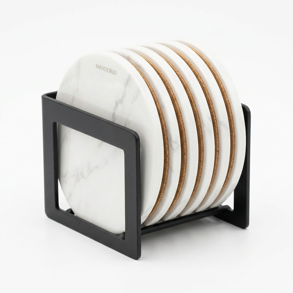 Mandorio Marble - Style Coaster Set, 6 Pieces With Charcoal Holder - Home Decor & Table Accessories > Drinkware Accessories > Coasters - Mandorio