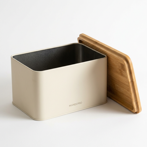 Mandorio Bamboo - Lid Bread Box, Ivory Steel Body, Rectangular Design - Food Storage & Containers > Countertop Storage > Bread Boxes - Mandorio