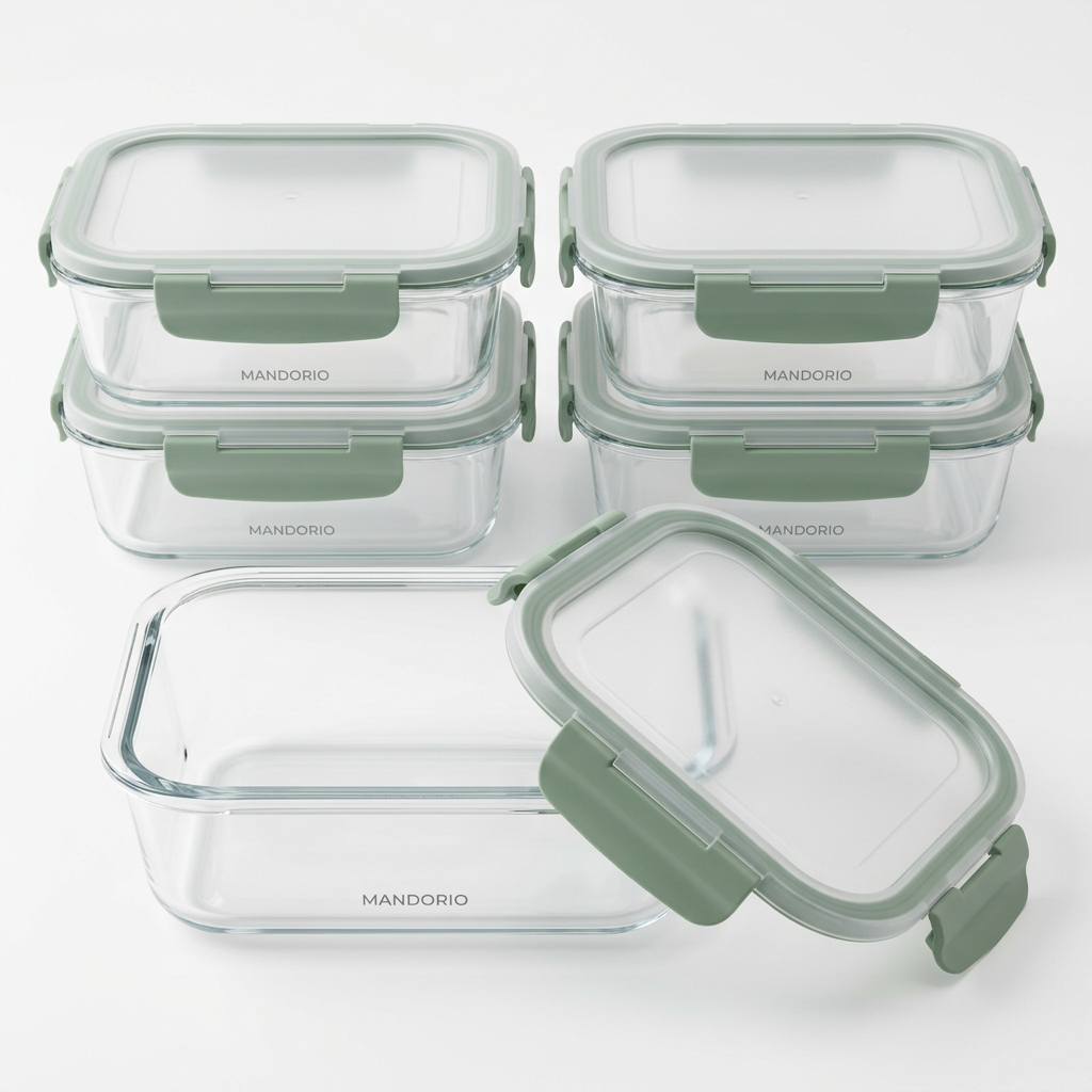 Mandorio Glass Meal - Prep Container Set, 5 Containers With Sage Lids - Food Storage & Containers > Meal Preparation > Glass Containers - Mandorio