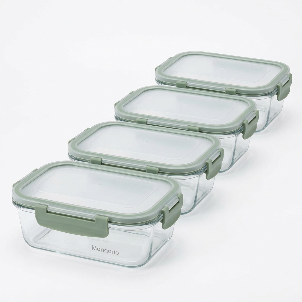 Mandorio Glass Meal - Prep Container Set, 5 Containers With Sage Lids - Food Storage & Containers > Meal Preparation > Glass Containers - Mandorio