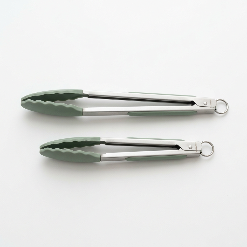 Mandorio Kitchen Tongs Set, 2 Pieces, Stainless Steel And Sage Silicone - Cookware & Utensils > Kitchen Utensils > Kitchen Tongs - Mandorio