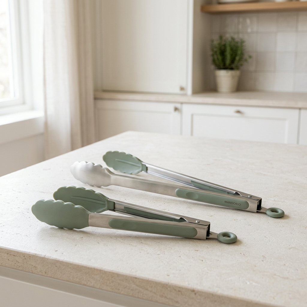 Mandorio Kitchen Tongs Set, 2 Pieces, Stainless Steel And Sage Silicone - Cookware & Utensils > Kitchen Utensils > Kitchen Tongs - Mandorio