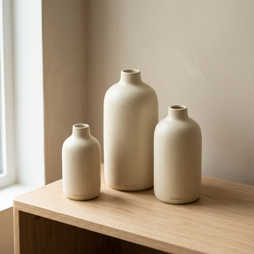Mandorio Ceramic Vase Set, 3 Pieces In Matte Ivory - Home Decor & Table Accessories > Decorative Accessories > Vases - Mandorio