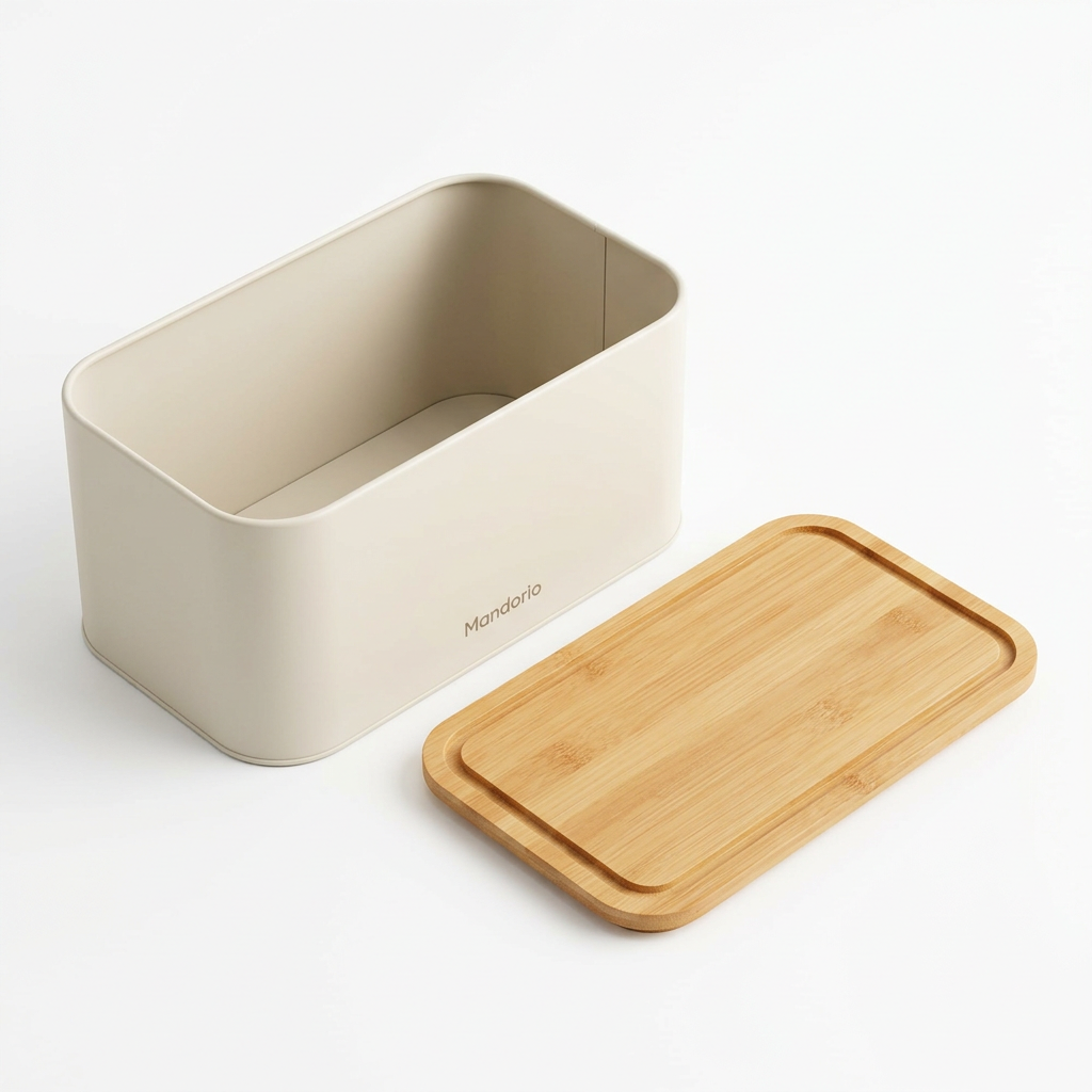 Mandorio Bamboo - Lid Bread Box, Ivory Steel Body, Rectangular Design - Food Storage & Containers > Countertop Storage > Bread Boxes - Mandorio