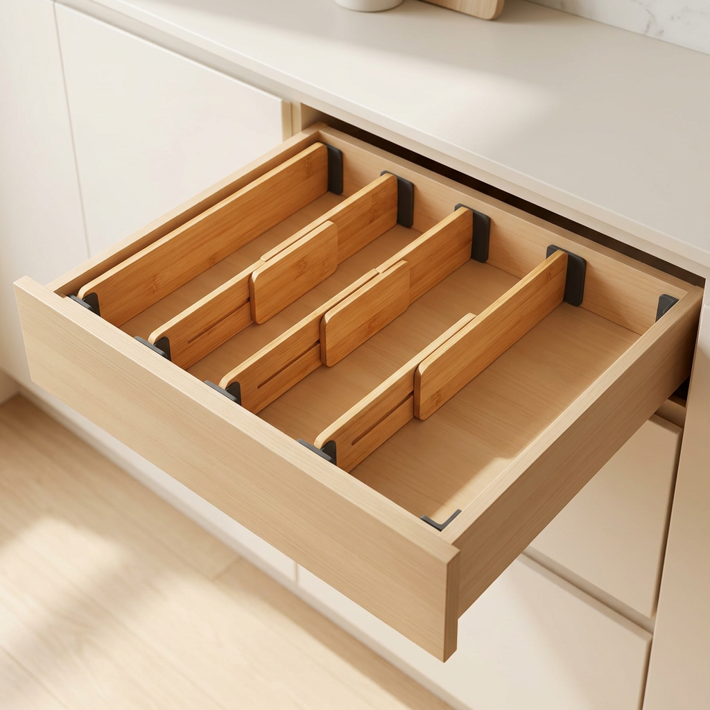 Mandorio Expandable Drawer Divider Set, Natural Bamboo, 4 Pieces - Kitchen Organization > Drawer Organizers > Expandable Drawer Dividers - Mandorio