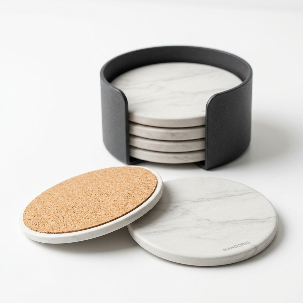 Mandorio Marble - Style Coaster Set, 6 Pieces With Charcoal Holder - Home Decor & Table Accessories > Drinkware Accessories > Coasters - Mandorio
