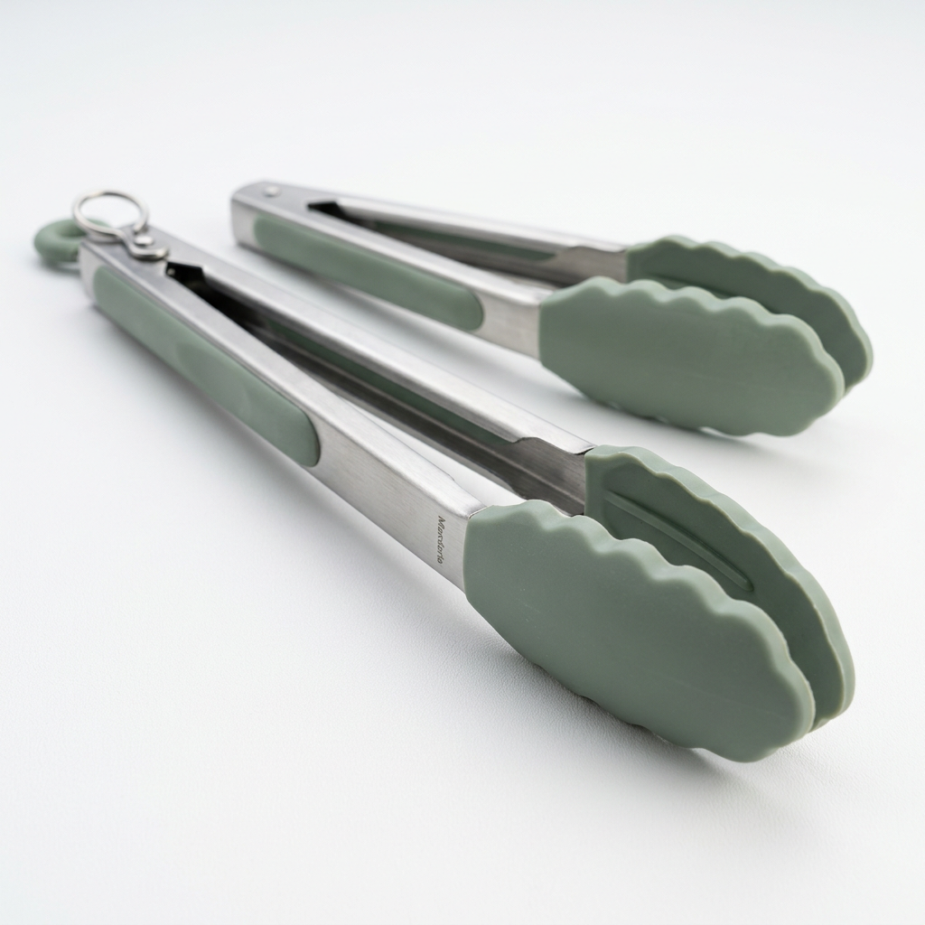 Mandorio Kitchen Tongs Set, 2 Pieces, Stainless Steel And Sage Silicone - Cookware & Utensils > Kitchen Utensils > Kitchen Tongs - Mandorio
