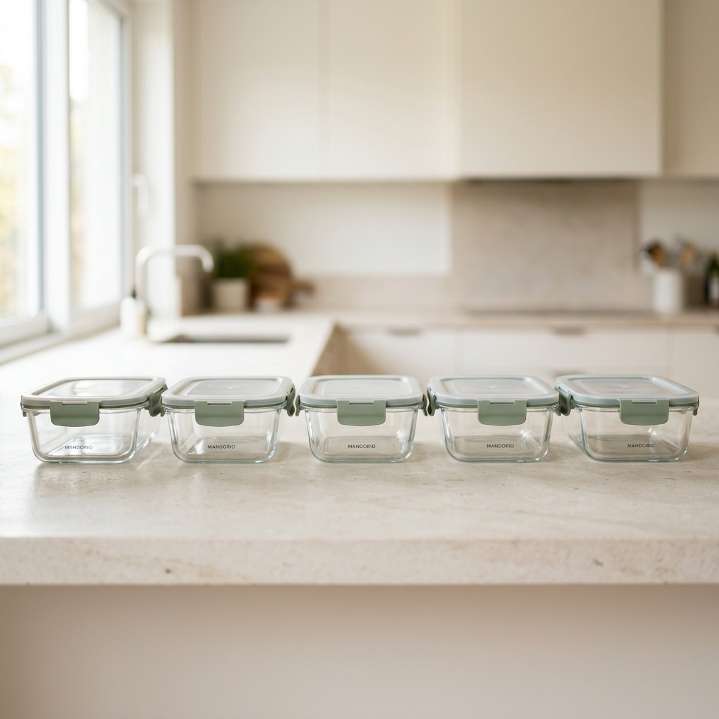Mandorio Glass Meal - Prep Container Set, 5 Containers With Sage Lids - Food Storage & Containers > Meal Preparation > Glass Containers - Mandorio