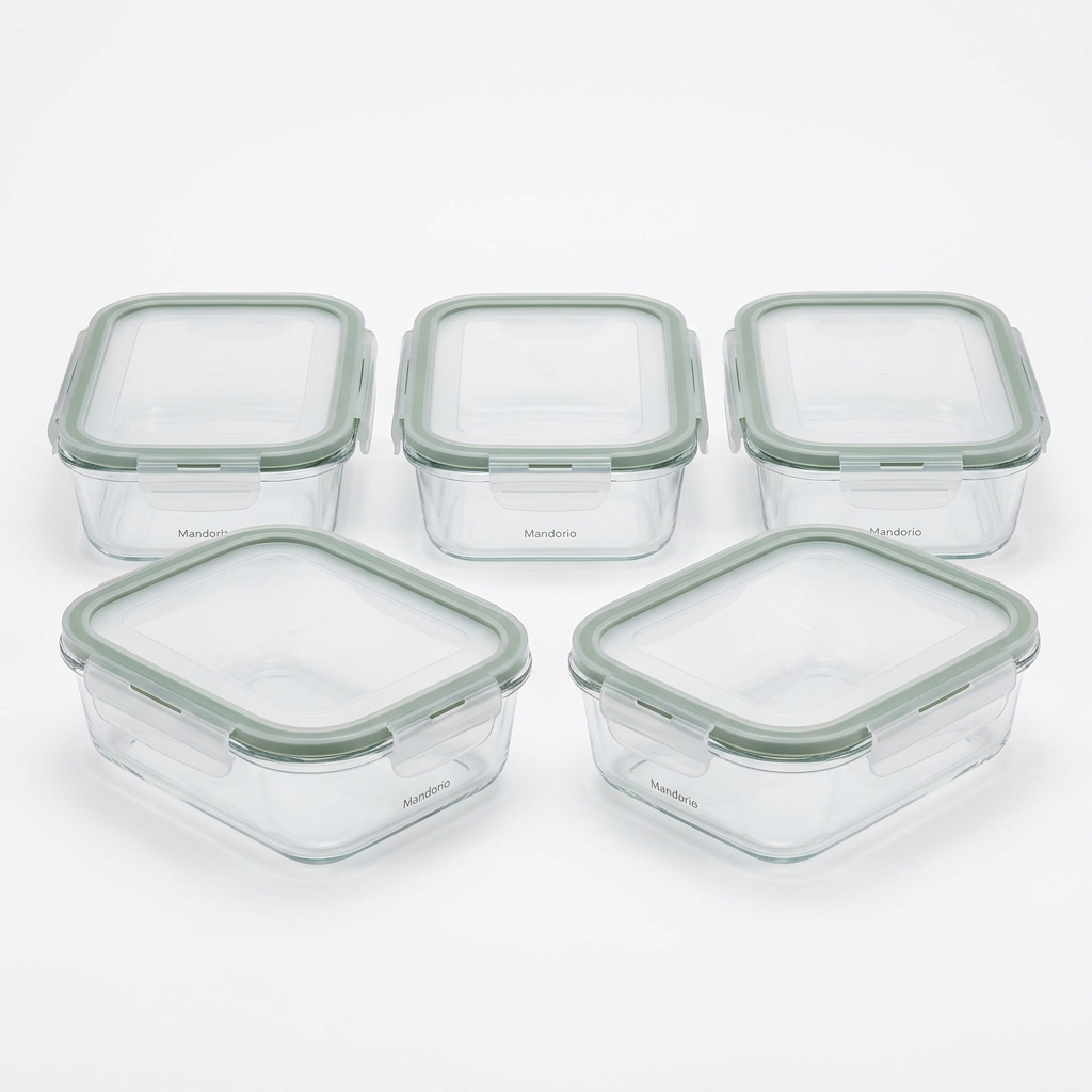 Mandorio Glass Meal - Prep Container Set, 5 Containers With Sage Lids - Food Storage & Containers > Meal Preparation > Glass Containers - Mandorio
