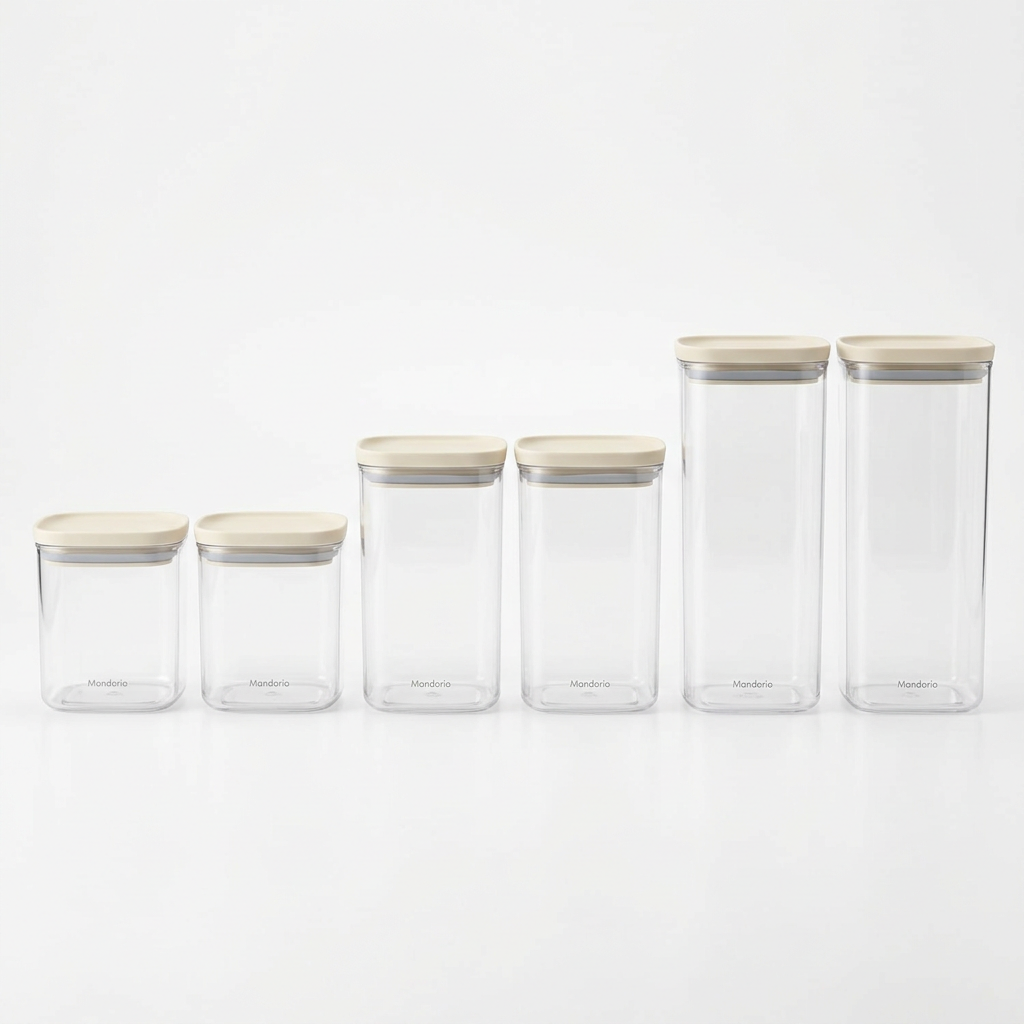 Mandorio Pantry Canister Set, 6 Clear Containers With Ivory Lids - Food Storage & Containers > Pantry Storage > Canister Sets - Mandorio