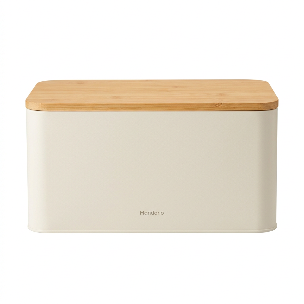 Mandorio Bamboo - Lid Bread Box, Ivory Steel Body, Rectangular Design - Food Storage & Containers > Countertop Storage > Bread Boxes - Mandorio