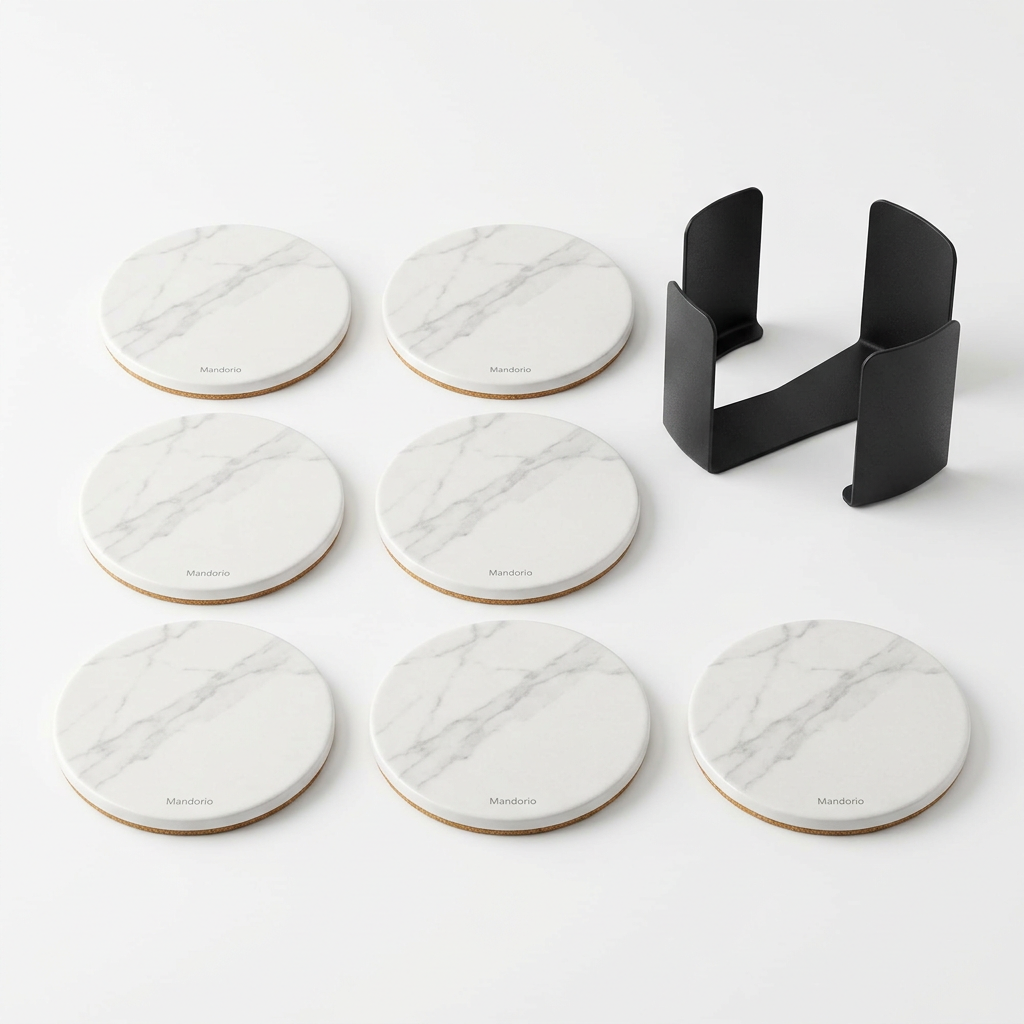 Mandorio Marble - Style Coaster Set, 6 Pieces With Charcoal Holder - Home Decor & Table Accessories > Drinkware Accessories > Coasters - Mandorio