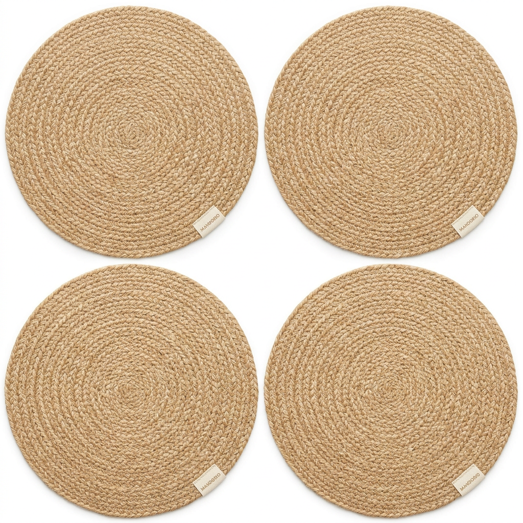 Mandorio Woven Placemat Set, 4 Round Jute Mats In Natural Beige - Home Decor & Table Accessories > Table Linens > Placemats - Mandorio