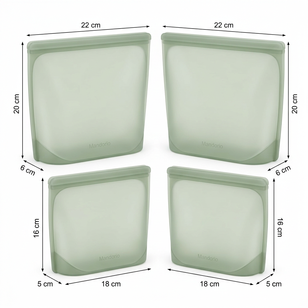 Mandorio Silicone Storage Bag Set, 4 Pieces, Frosted Sage Green - Food Storage & Containers > Storage Bags > Silicone Bags - Mandorio
