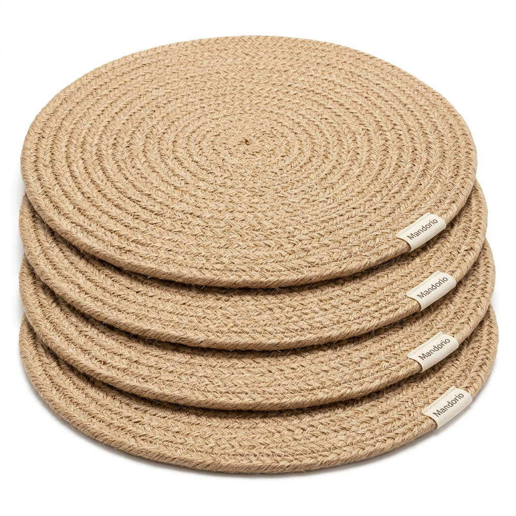 Mandorio Woven Placemat Set, 4 Round Jute Mats In Natural Beige - Home Decor & Table Accessories > Table Linens > Placemats - Mandorio