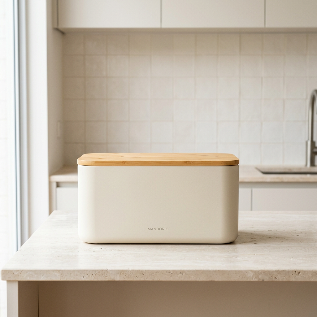 Mandorio Bamboo - Lid Bread Box, Ivory Steel Body, Rectangular Design - Food Storage & Containers > Countertop Storage > Bread Boxes - Mandorio