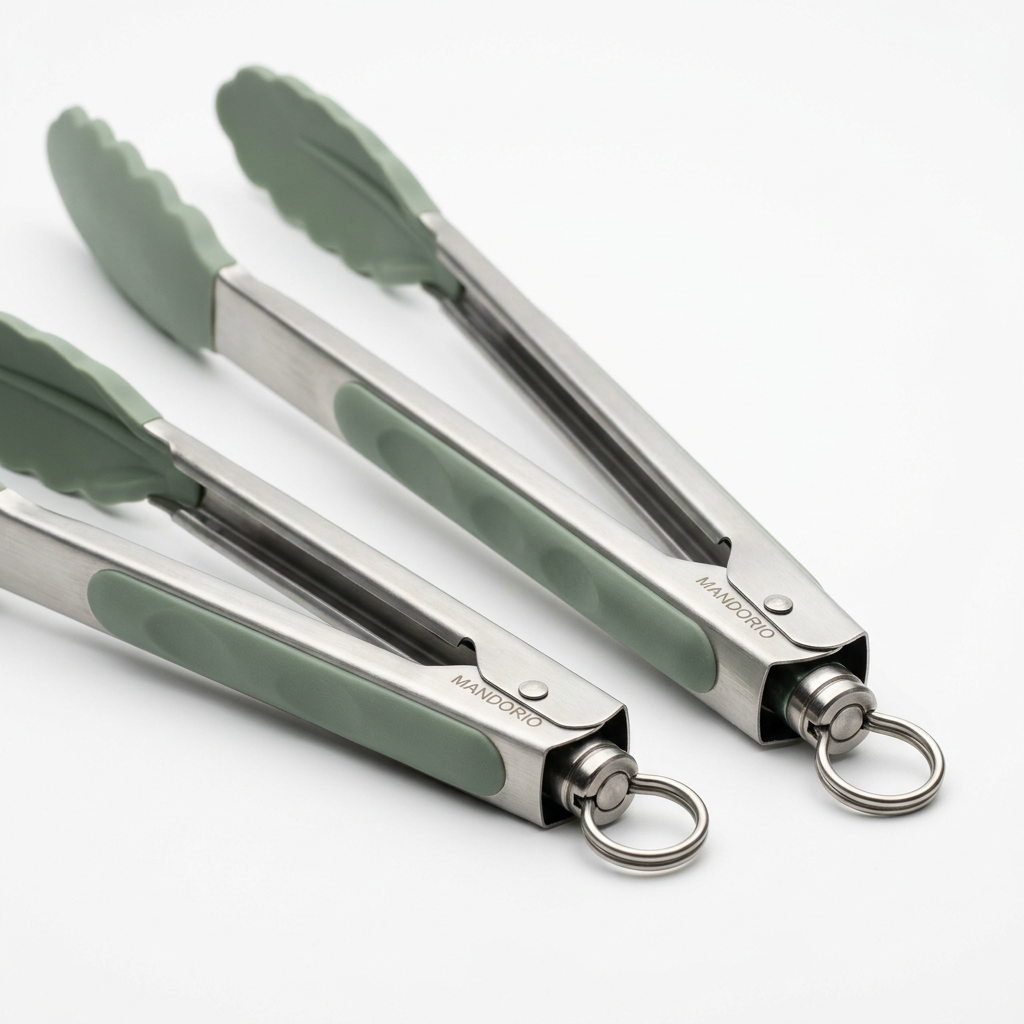 Mandorio Kitchen Tongs Set, 2 Pieces, Stainless Steel And Sage Silicone - Cookware & Utensils > Kitchen Utensils > Kitchen Tongs - Mandorio