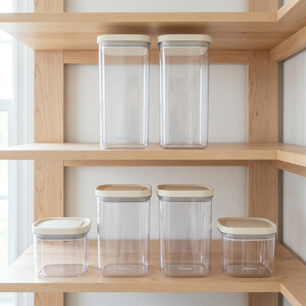 Mandorio Pantry Canister Set, 6 Clear Containers With Ivory Lids - Food Storage & Containers > Pantry Storage > Canister Sets - Mandorio