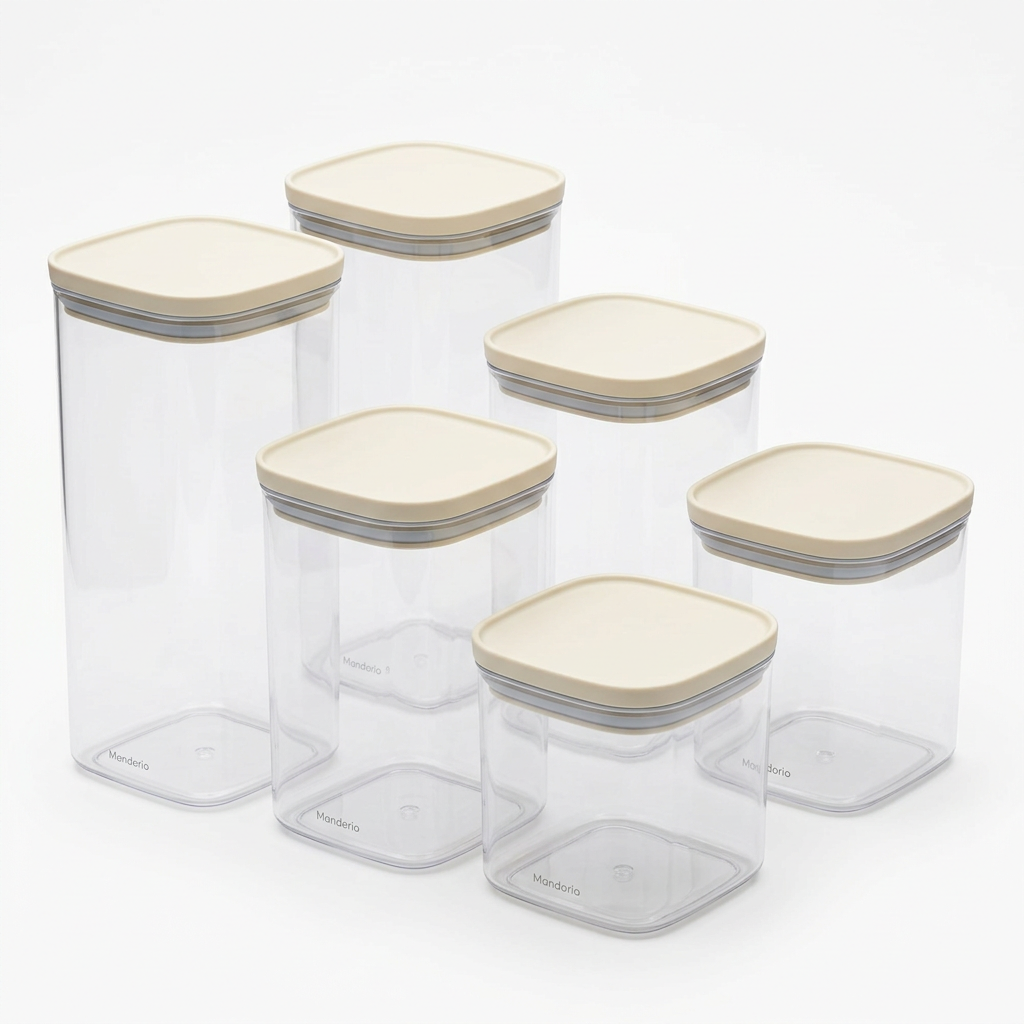 Mandorio Pantry Canister Set, 6 Clear Containers With Ivory Lids - Food Storage & Containers > Pantry Storage > Canister Sets - Mandorio
