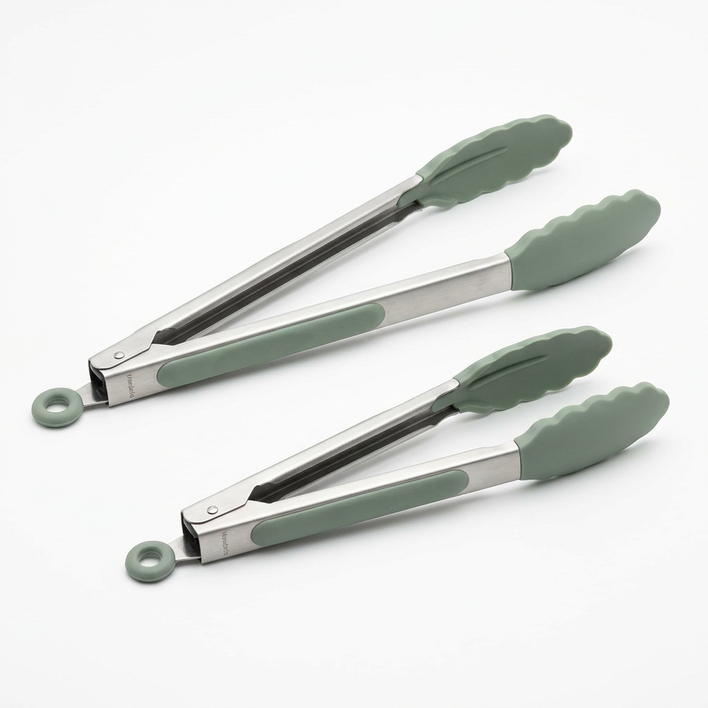 Mandorio Kitchen Tongs Set, 2 Pieces, Stainless Steel And Sage Silicone - Cookware & Utensils > Kitchen Utensils > Kitchen Tongs - Mandorio