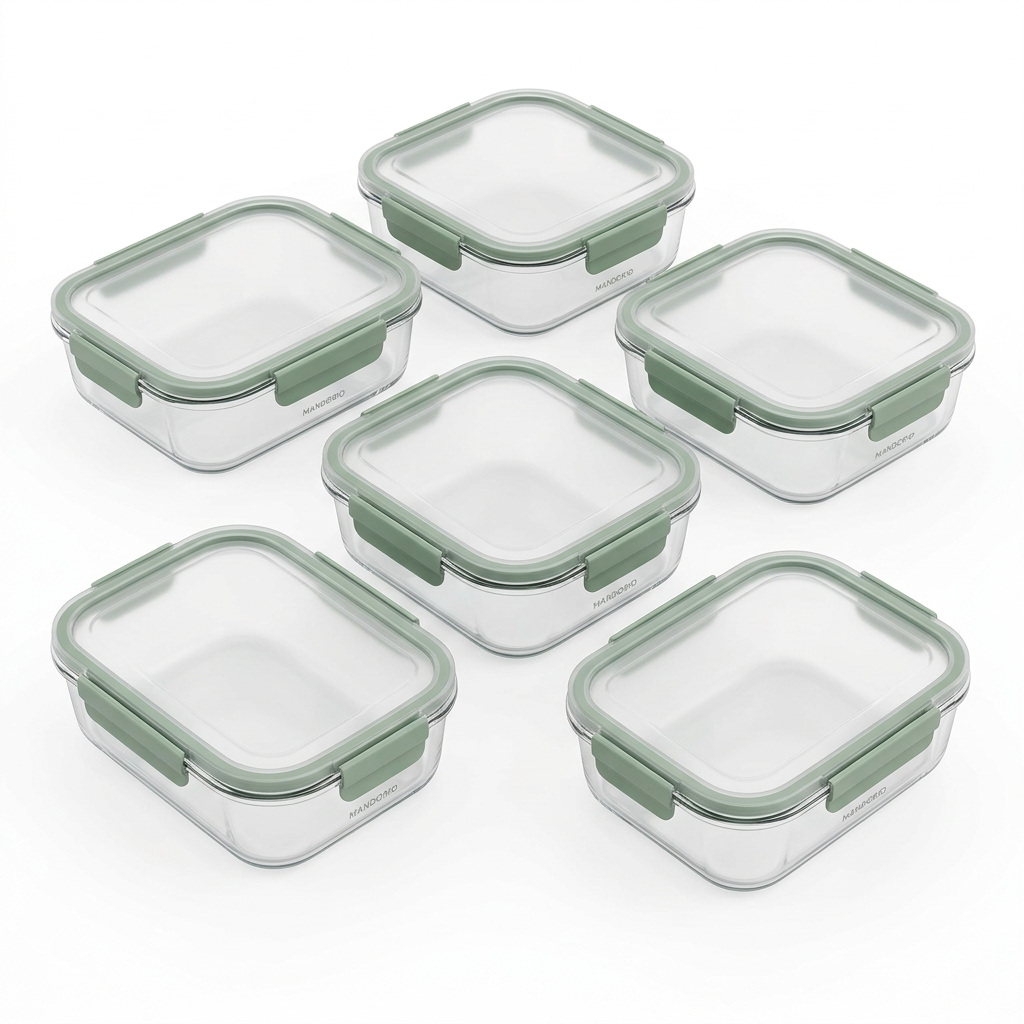 Mandorio Glass Meal - Prep Container Set, 5 Containers With Sage Lids - Food Storage & Containers > Meal Preparation > Glass Containers - Mandorio