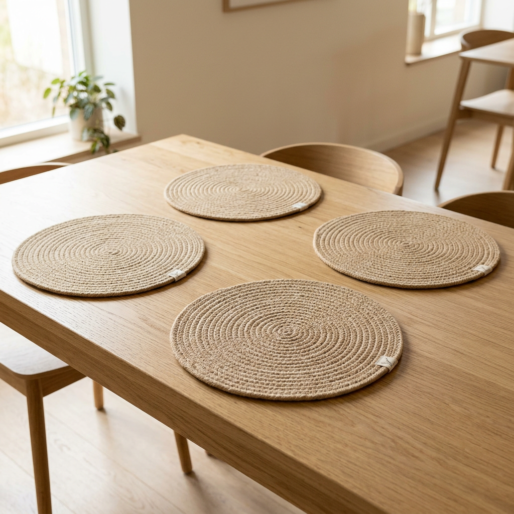 Mandorio Woven Placemat Set, 4 Round Jute Mats In Natural Beige - Home Decor & Table Accessories > Table Linens > Placemats - Mandorio