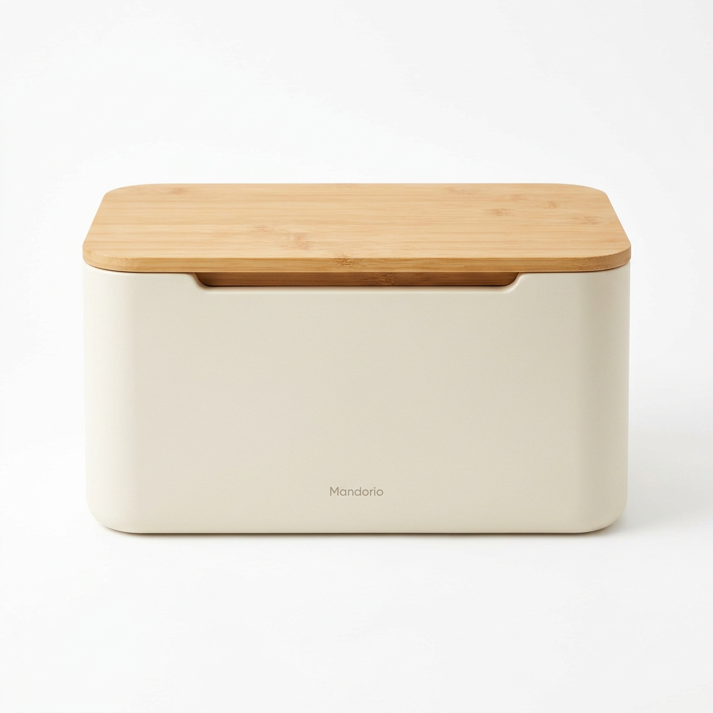 Mandorio Bamboo - Lid Bread Box, Ivory Steel Body, Rectangular Design - Food Storage & Containers > Countertop Storage > Bread Boxes - Mandorio