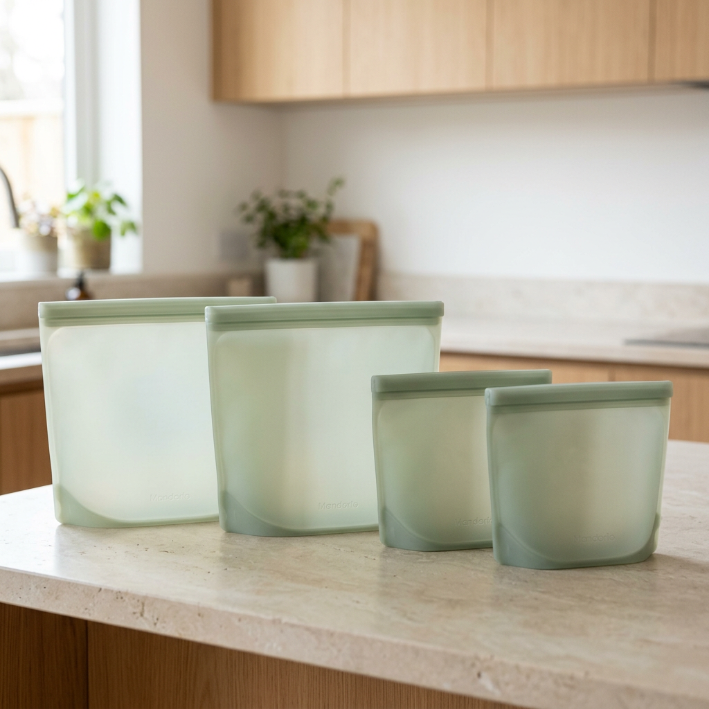 Mandorio Silicone Storage Bag Set, 4 Pieces, Frosted Sage Green - Food Storage & Containers > Storage Bags > Silicone Bags - Mandorio