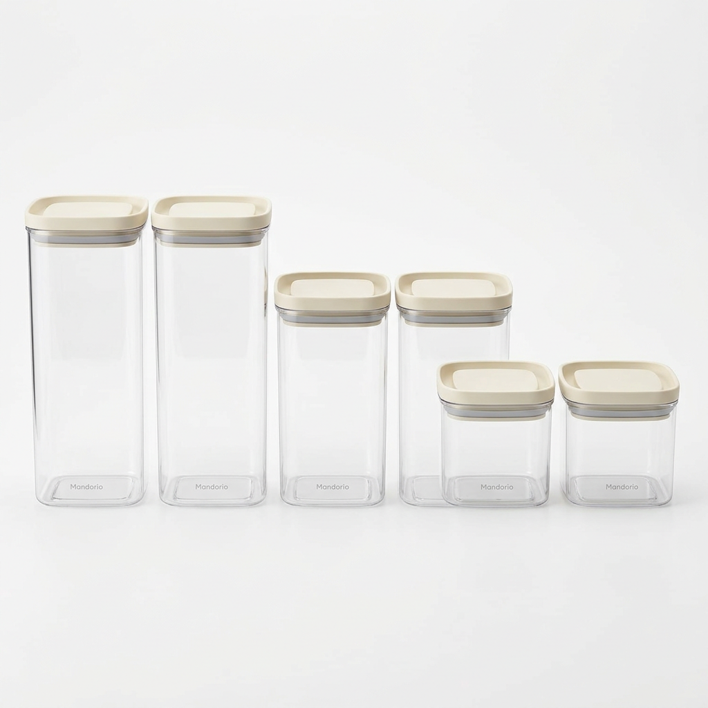 Mandorio Pantry Canister Set, 6 Clear Containers With Ivory Lids - Food Storage & Containers > Pantry Storage > Canister Sets - Mandorio