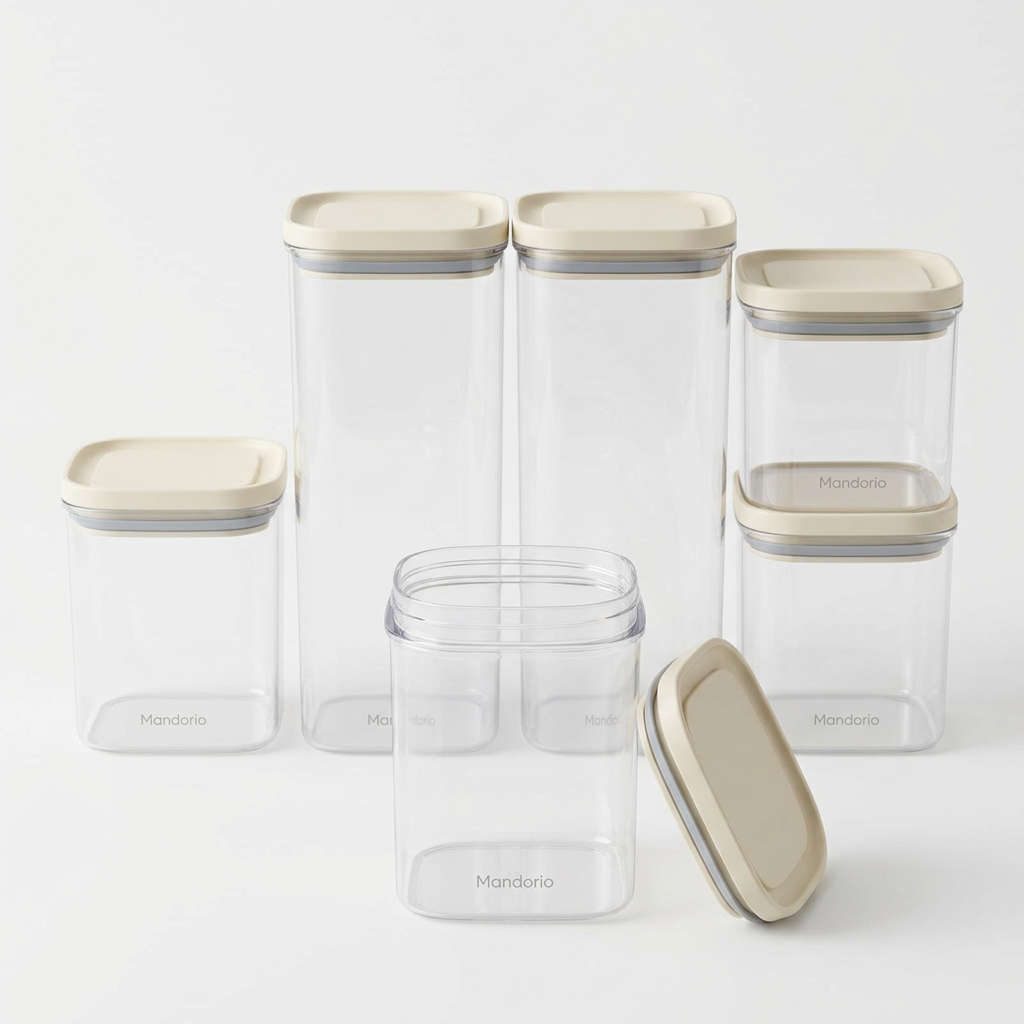 Mandorio Pantry Canister Set, 6 Clear Containers With Ivory Lids - Food Storage & Containers > Pantry Storage > Canister Sets - Mandorio
